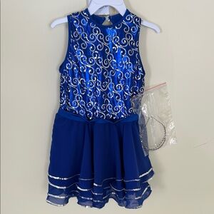 Laylas Dance Costumes “Elegance”  Blue Dress and bodysuit with Silver Accents